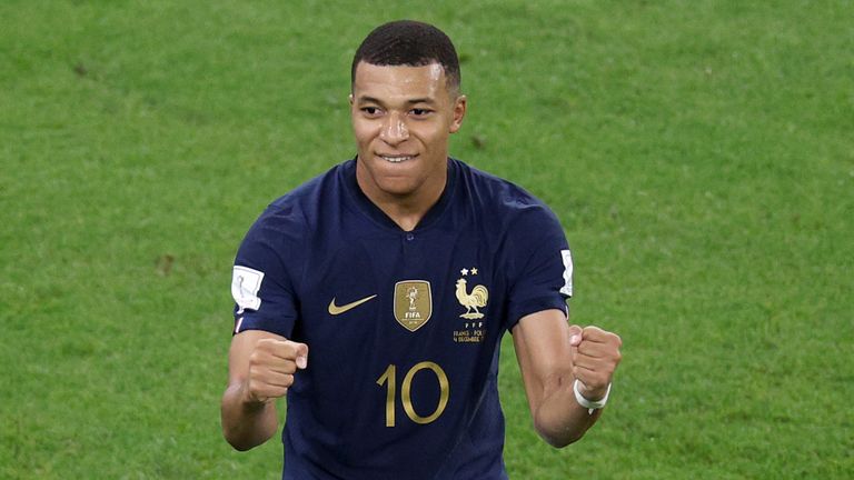 Kylian Mbappe celebrates after scoring France&#39;s second goal against Poland