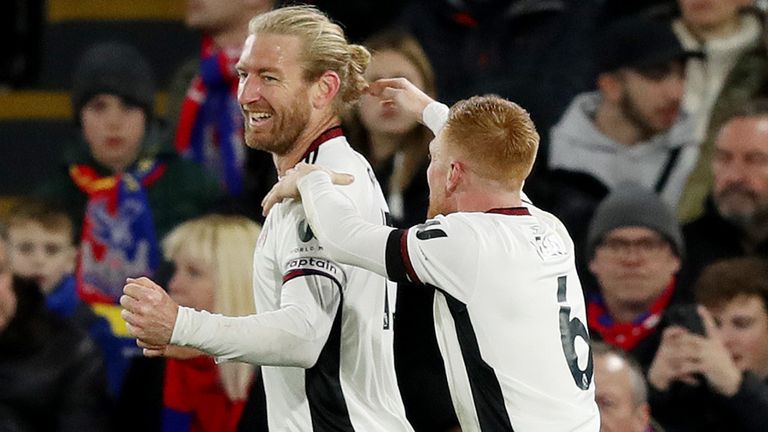 Tim Ream celebrates after scoring Fulham's second goal against Crystal Palace
