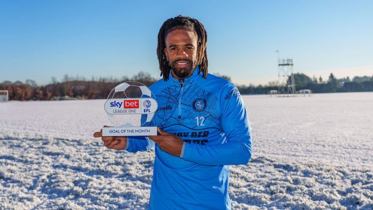 Garath McCleary of Wycombe Wanderers poses with the Sky Bet Goal of the Month award at the Wycombe Training Ground, High Wycombe, England on the 15 December 2022. Photo by Andy Rowland.