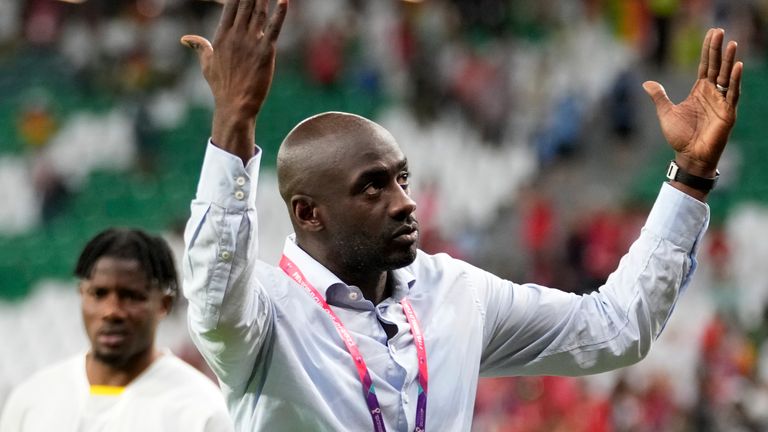 Ghana's head coach Otto Addo celebrates after the World Cup group H soccer match between South Korea and Ghana, at the Education City Stadium in Al Rayyan , Qatar, Monday, Nov. 28, 2022. (AP Photo/Luca Bruno)