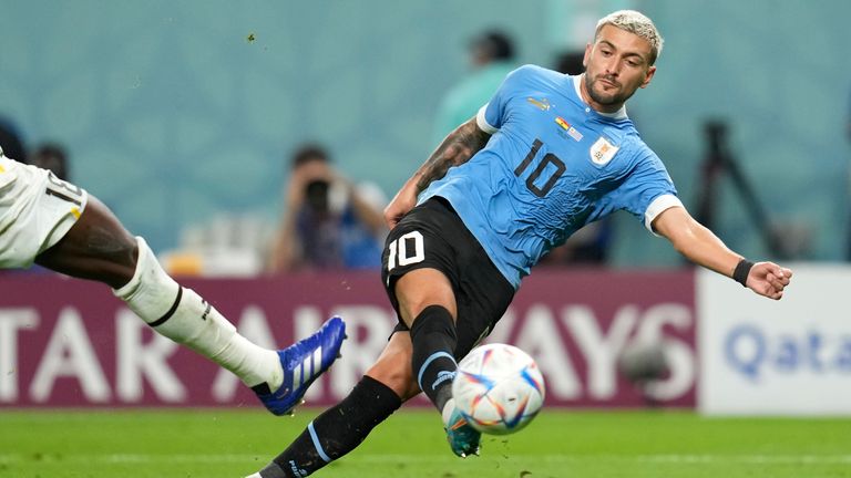 Giorgian de Arrascaeta volleys in a second goal for Uruguay