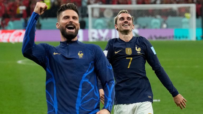 Antoine Griezmann of France celebrates with Olivier Giroud after the game