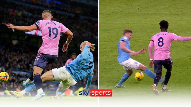 Everton&#39;s Vitaliy Mykolenko (left) and Manchester City&#39;s Erling Haaland battle for the ball during the Premier League match at the Etihad Stadium, Manchester. Picture date: Saturday December 31, 2022.