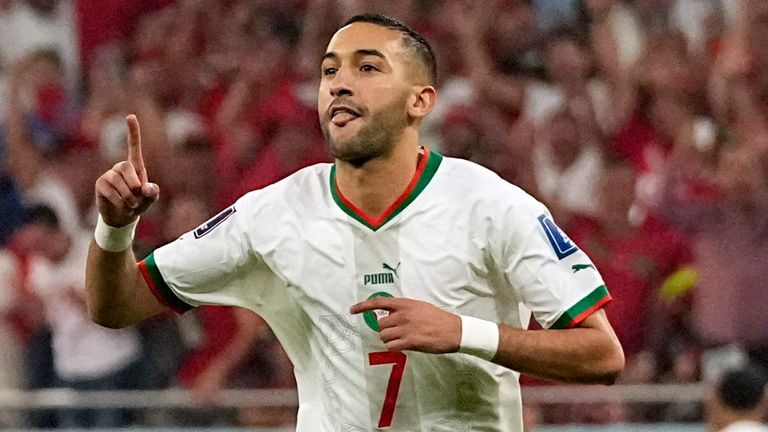 Morocco's Hakim Ziyech celebrates his early goal against Canada