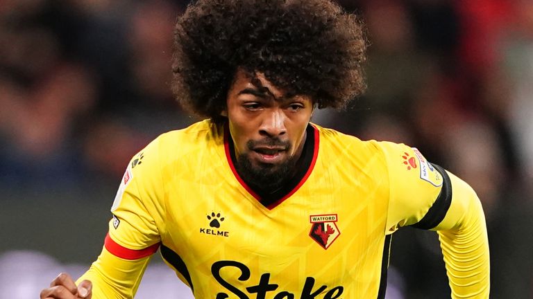 Watford&#39;s Hamza Choudhury (right) and Swansea City&#39;s Olivier Ntcham in action during the Sky Bet Championship match at Vicarage Road, Watford. Picture date: Wednesday October 5, 2022.
