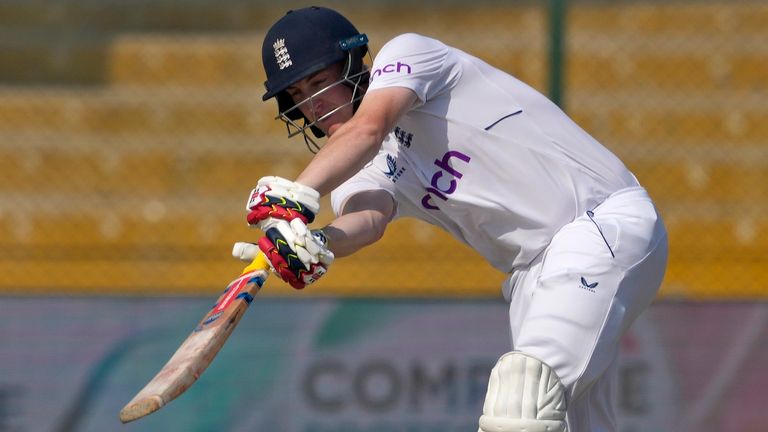 England's Harry Brook plays a shot during the second day of third test cricket match between England and Pakistan, in Karachi, Pakistan, Sunday, Dec. 18, 2022. (AP Photo/Fareed Khan)