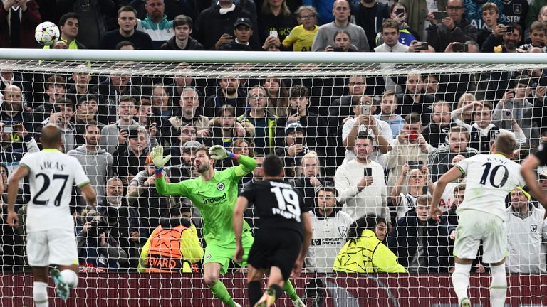 Look familiar? Kane&#39;s second penalty for Tottenham against Frankfurt in October was aimed top-left but beat the bar too.