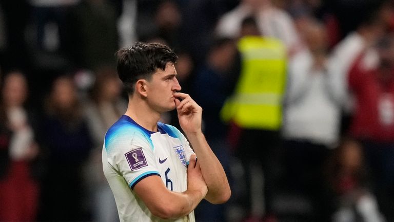 England&#39;s Harry Maguire reacts after the quarter final defeat to France