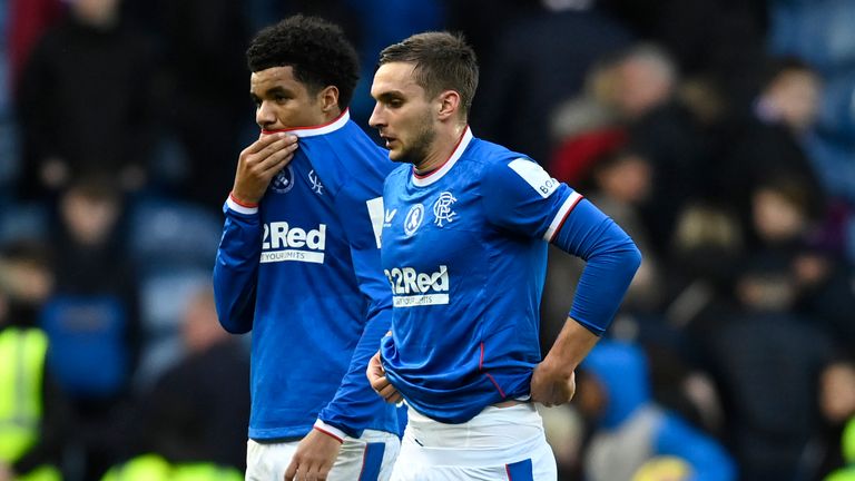 GLASGOW, SCOTLAND - OCTOBER 22: Malik Tillman and James Sands during a cinch Premiership match between Rangers and Livingston at Ibrox Stadium, on October 22, 2022, in Glasgow, Scotland. (Photo by Rob Casey / SNS Group)