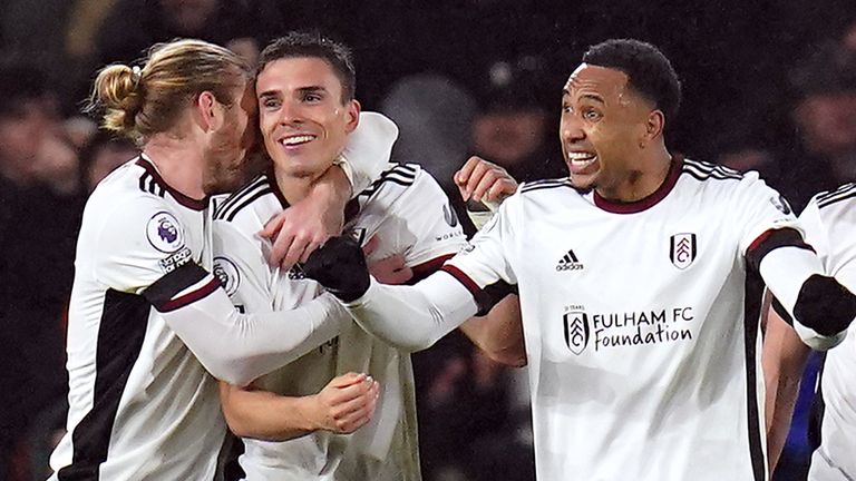 Joao Palhinha celebrates with team-mates after putting Fulham 2-1 up