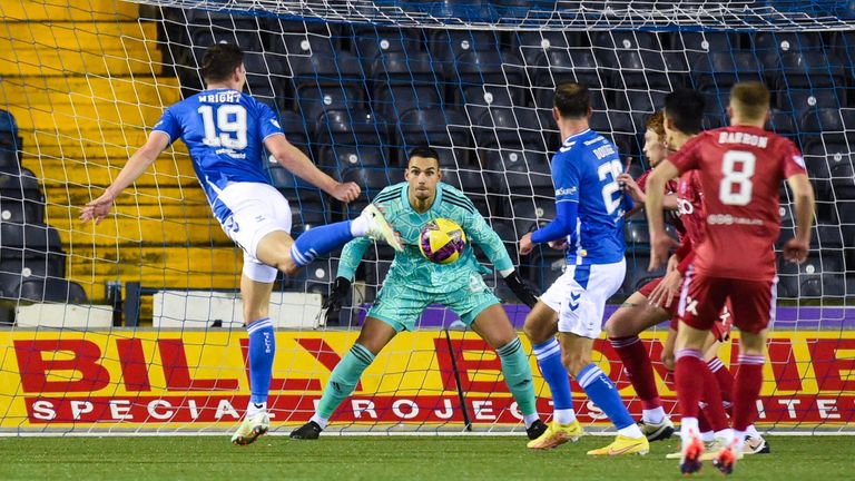 KILMARNOCK, SCOTLAND - DECEMBER 28: Joe Wright scores a header to make it 2-0 Kilmarnock during a cinch Premiership match between Kilmarnock and Aberdeen at Rugby Park, on December 28, 2022, in Kilmarnock, Scotland.  (Photo by Ross MacDonald / SNS Group)