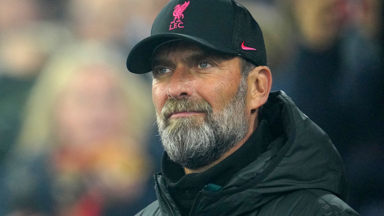 Liverpool's manager Jurgen Klopp looks on ahead the English League Cup soccer match between Manchester City and Liverpool at Etihad stadium in Manchester, England, Thursday, Dec. 22, 2022. (AP Photo/Jon Super)