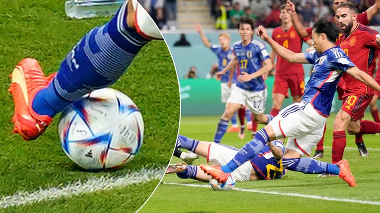 The ball appears to be over the line before Japan's Kaoru Mitoma crosses for team-mate Ao Tanaka to give them a 2-1 lead against Spain