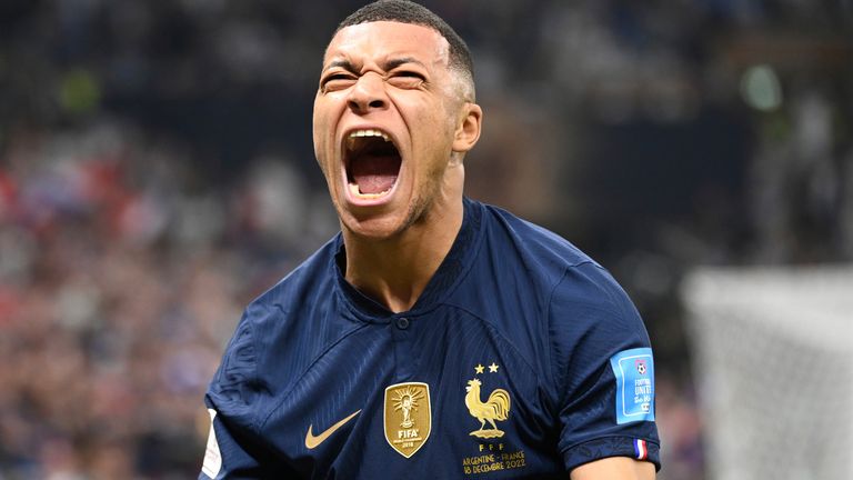 France&#39;s Kylian MBAPPE reacts after scoring his second goal during the FIFA World Cup Final match at Lusail Iconic Stadium in Lusail, Qatar on Dec. 18, 2022. ( The Yomiuri Shimbun via AP Images )