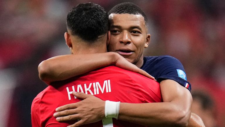 France&#39;s Kylian Mbappe hugs Morocco&#39;s Achraf Hakimi