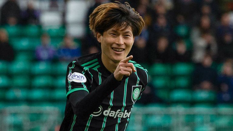 Celtic&#39;s Kyogo Furuhashi celebrates making it 2-0 vs St Johnstone