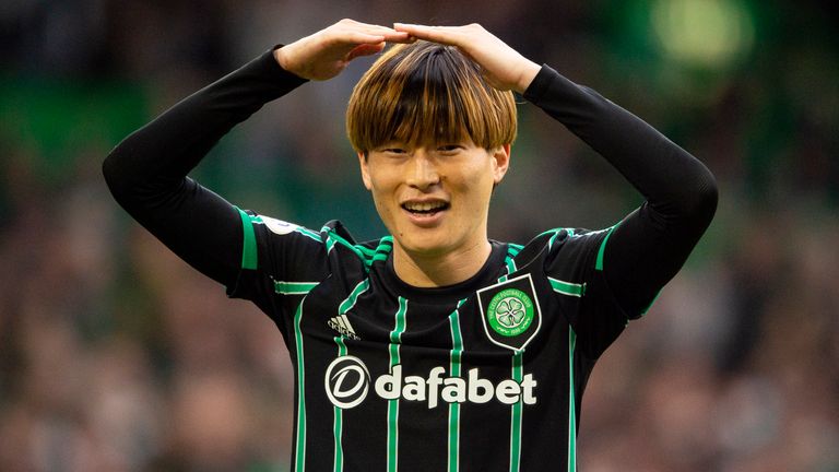 Kyogo Furuhashi celebrates scoring Celtic&#39;s second goal vs St Johnstone 