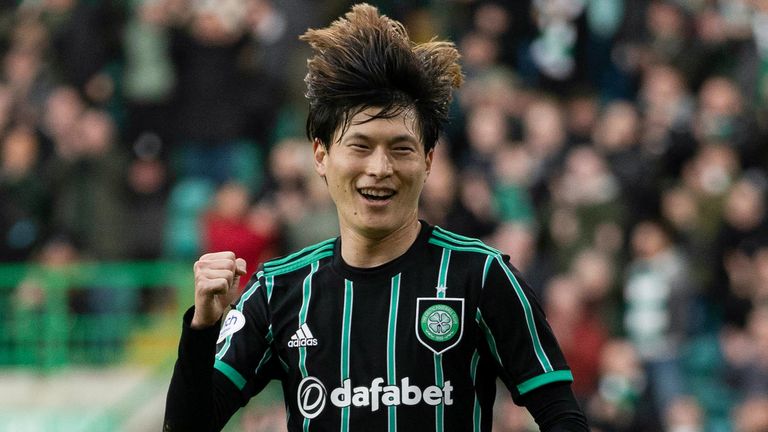 Celtic's Keigo Furuhashi celebrates the goal to make it 3-0 against St Johnstone