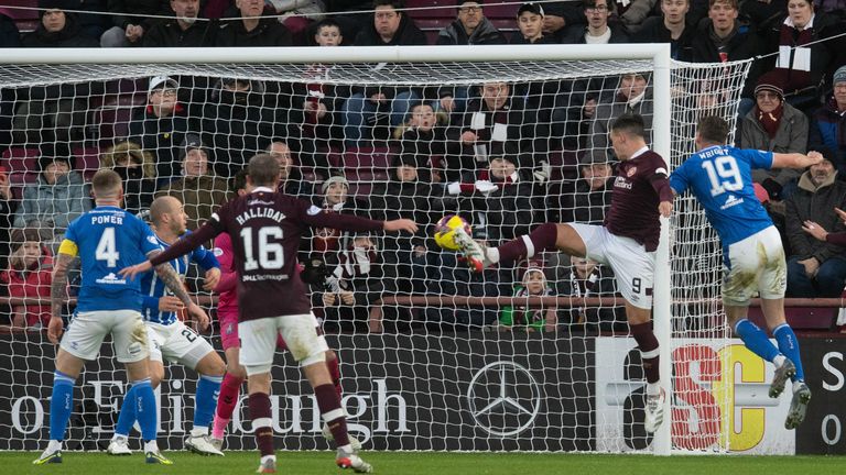 EDINBURGH, SCOTLAND - DECEMBER 17 : Hearts&#39; Lawrence Shankland scores to make it 2-0 during a cinch Premiership match between Hearts  and Kilmarnock at the Tynecastle Park, on December 17, 2022, in Edinburgh, Scotland.  (Photo by Craig Foy / SNS Group)