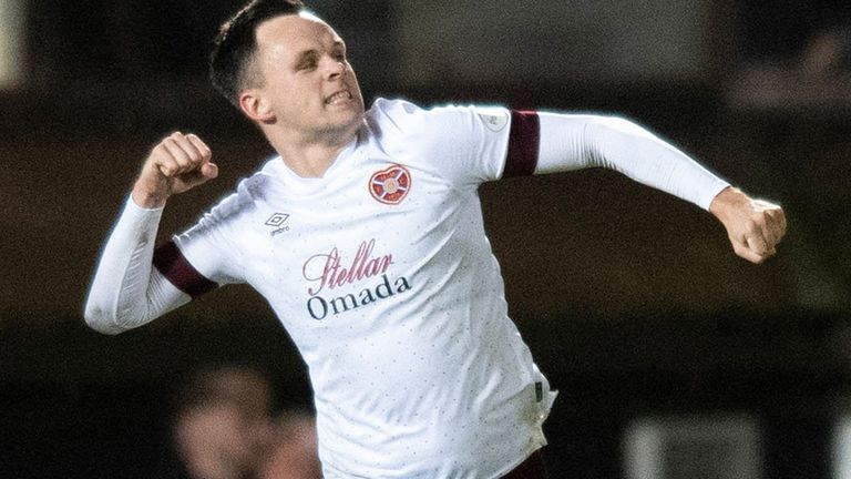 DUNDEE, SCOTLAND - DECEMBER 24: Hearts Lawrence Shankland celebrates converting a penalty to make it 2-2 during a cinch Premiership match between Dundee United and Hearts at Tannadice, on December 24, 2022, in Dundee, Scotland. (Photo by Mark Scates / SNS Group)