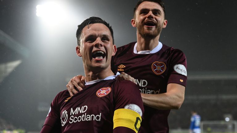 PERTH, SCOTLAND - DECEMBER 28: Hearts&#39; Lawrence Shankland celebrates after scoring a penalty to make it 1-0 during a cinch Premiership match between St. Johnstone and Heart of Midlothian at McDiarmid Park, on December 28, 2022, in Perth, Scotland. (Photo by Paul Devlin / SNS Group)