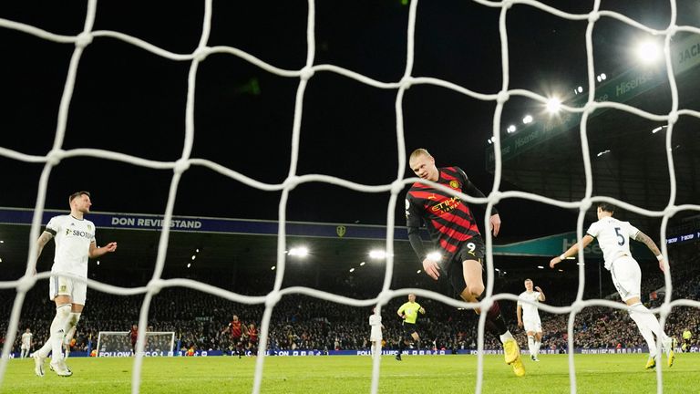 Manchester City&#39;s Erling Haaland celebrates his first