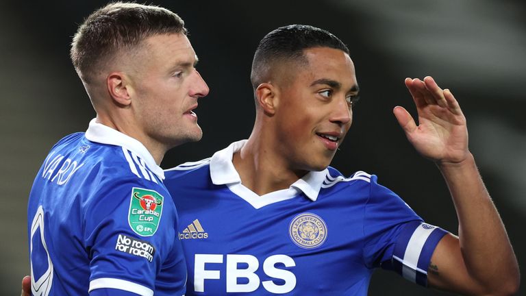 Leicester City's Jamie Vardy (left) celebrates scoring their side's third goal of the game during the Carabao Cup fourth round match at Stadium MK, Milton Keynes. Picture date: Tuesday December 20, 2022.