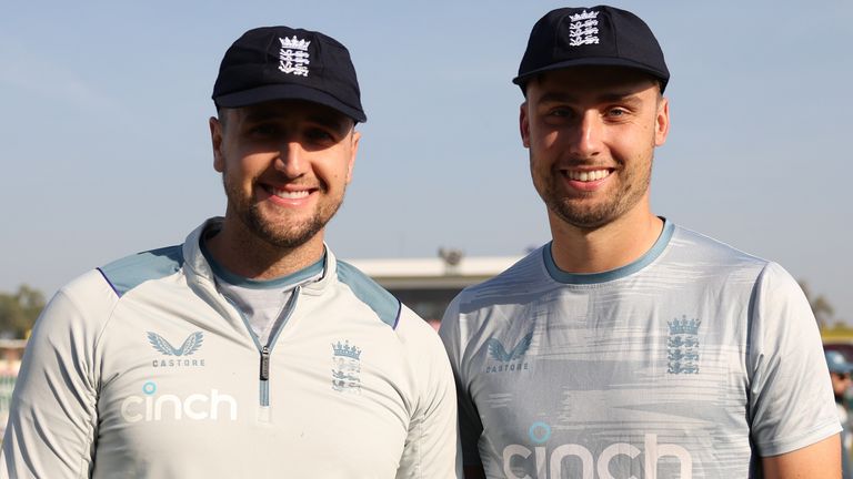 Liam Livingstone and Will Jacks are presented with their England Test caps on debut vs Pakistan in Rawalpindi