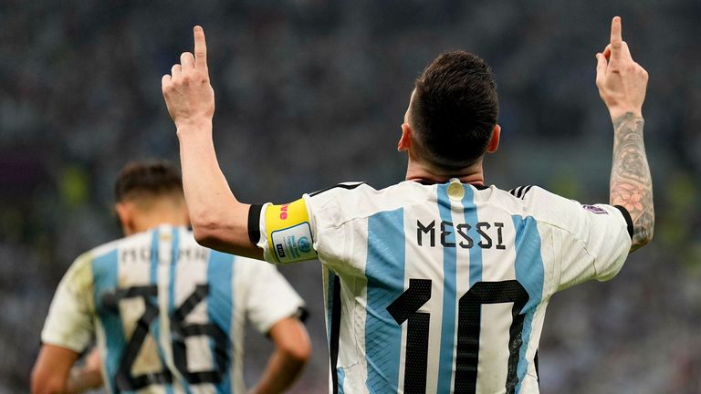 Lionel Messi celebrates after scoring Argentina&#39;s first goal