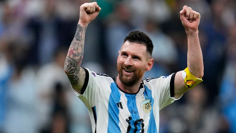 Lionel Messi celebrates after team-mate Julian Alvarez scores Argentina's third goal