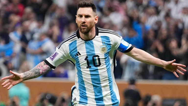 Argentina's Lionel Messi celebrates scoring his side's opening goal during the World Cup final soccer match between Argentina and France at the Lusail Stadium in Lusail, Qatar, Sunday, Dec.18, 2022. (AP Photo/Manu Fernandez)