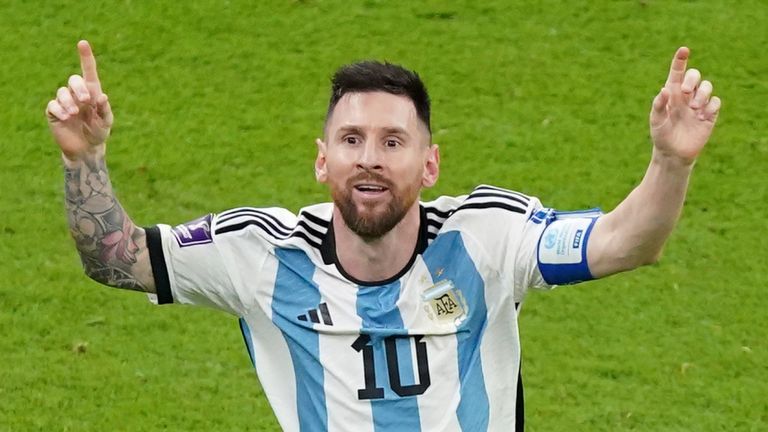 Lionel Messi celebrates his second and Argentina's third goal in the World Cup final against France