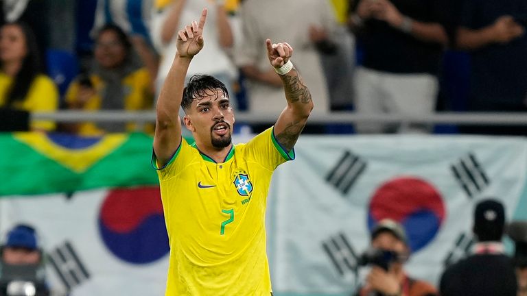 Brazil&#39;s Lucas Paqueta celebrates after scoring his side&#39;s fourth goal