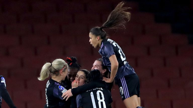 Lyon players celebrate following Arsenal's Frida Maanum's (not pictured) own goal during the UEFA Women's Champions League Group C match at the Emirates Stadium