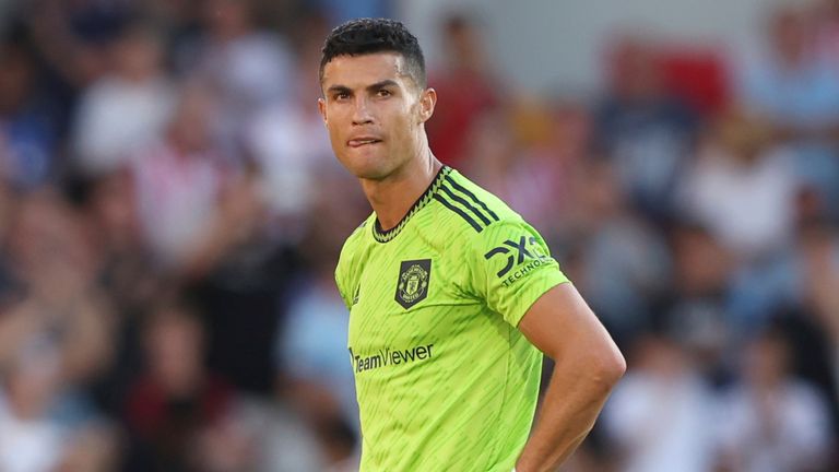 Manchester United's Cristiano Ronaldo looks round after the end of the English Premier League soccer match between Brentford and Manchester United at the Gtech Community Stadium in London, Saturday, Aug. 13, 2022. Manchester United lost 0-4 .