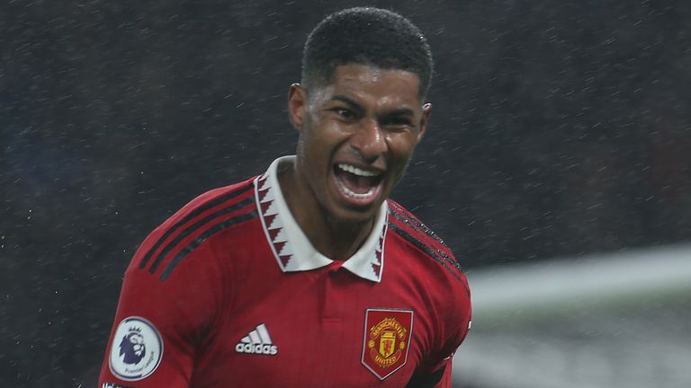 Marcus Rashford celebrates after opening the scoring for Manchester United against Nottingham Forest