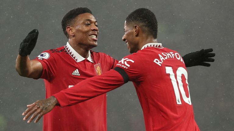 Anthony Martial celebrates with Marcus Rashford after putting Manchester United 2-0 up against Nottingham Forest