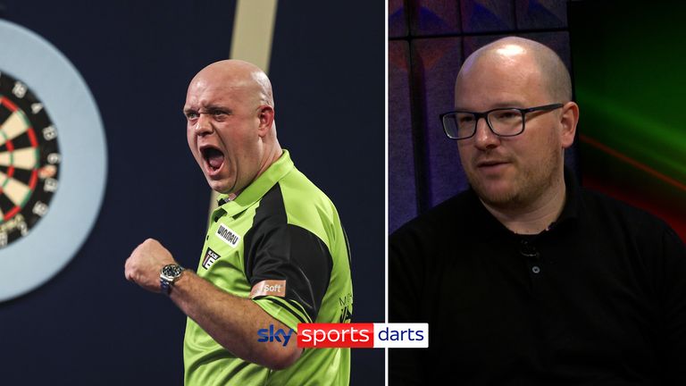 Michael Van Gerwen celebrates winning his match against Chas Barstow during day four of the William Hill World Darts Championship at Alexandra Palace, London. Picture date: Saturday December 18, 2021.