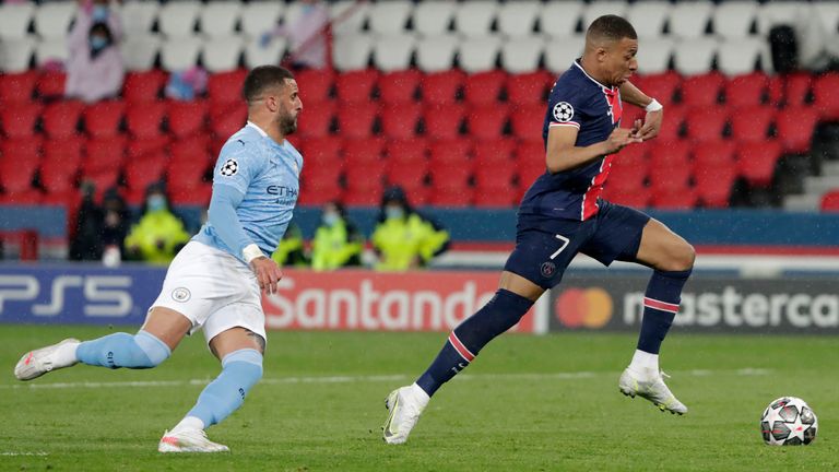 Mbappe (right) has scored just one goal in four matches for PSG against Walker&#39;s Man City