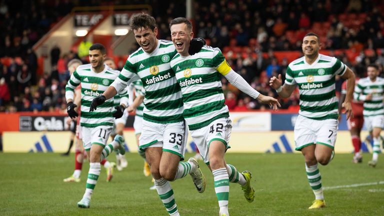 ABERDEEN, SCOTLAND - DECEMBER 17: Celtic...s Callum McGregor celebrates making it 1-0  during a cinch Premiership match between Aberdeen and Celtic  at Pittodrie, on December 17, 2022, in Aberdeen, Scotland.  (Photo by Craig Williamson / SNS Group)