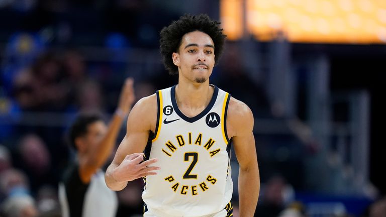 Indiana Pacers guard Andrew Nembhard reacts after scoring a 3-point basket against the Golden State Warriors during the second half of an NBA basketball game in San Francisco, Monday, Dec. 5, 2022. (AP Photo/Godofredo A. V..squez)