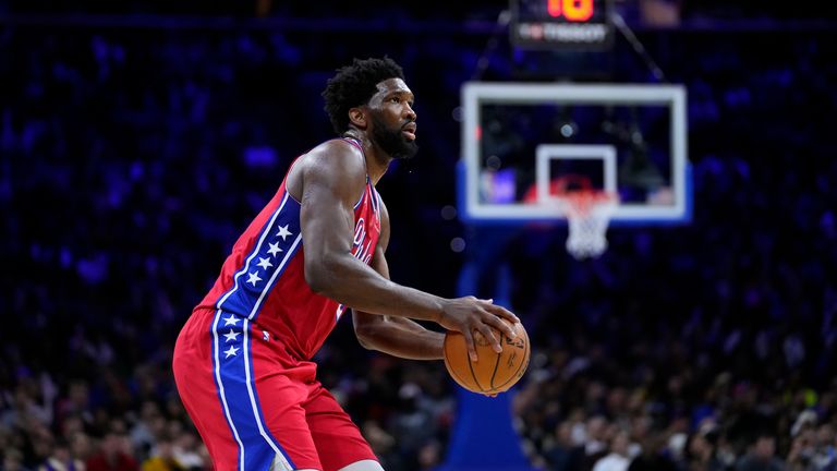 Joel Embiid plays against the Golden State Warriors.