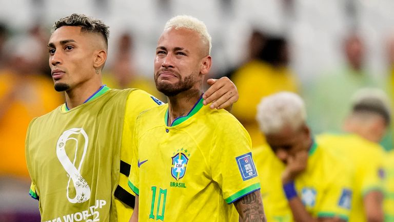Brazil&#39;s Neymar cries at the end of the World Cup quarterfinal soccer match between Croatia and Brazil, at the Education City Stadium in Al Rayyan, Qatar, Friday, Dec. 9, 2022. (AP Photo/Darko Bandic)