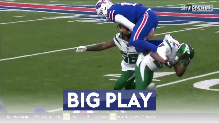 Buffalo quarterback Josh Allen looked like an acrobat as he made a 16-yard rush on third down against the New York Jets.