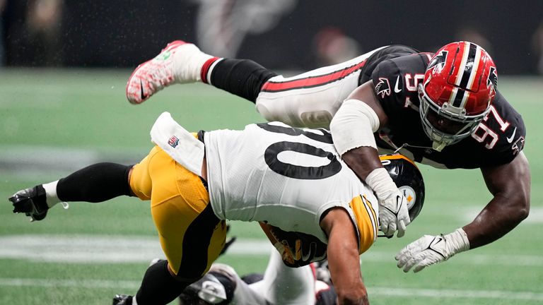 Atlanta Falcons cornerback Breon Borders (36) works during the first half  of an NFL preseason football game against the Pittsburgh Steelers,  Thursday, Aug. 24, 2023, in Atlanta. The Pittsburgh Steelers won 24-0. (