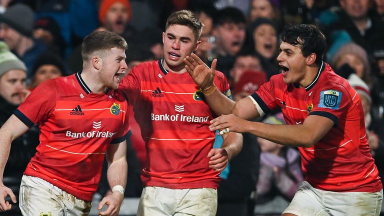 Patrick Campbell (left) scored Munster's third try, but Joey Carbery missed the conversion 