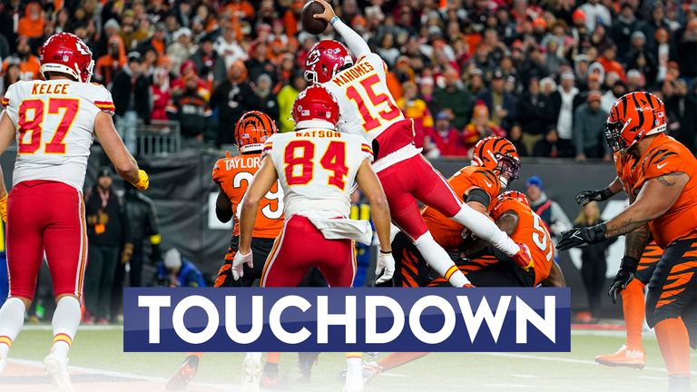 Kansas City Chiefs quarterback Patrick Mahomes (15) goes over the top to score a touchdown against the Cincinnati Bengals in the second half of an NFL football game in Cincinnati, Fla., Sunday, Dec. 4, 2022.
