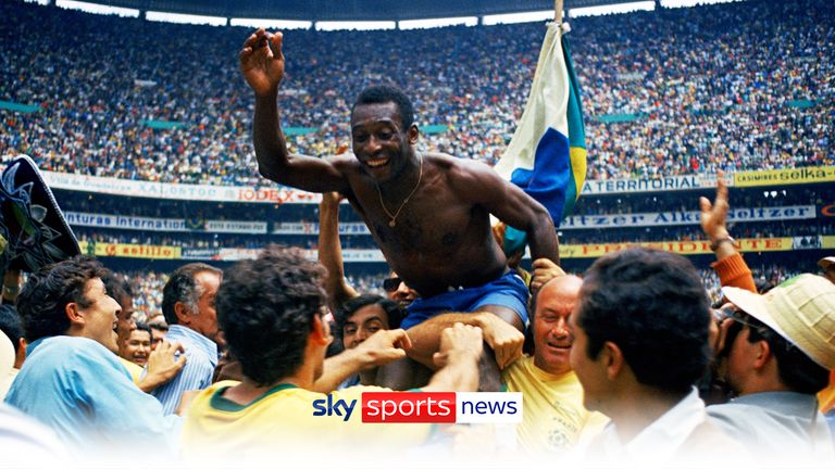 Brazil&#39;s Pele is hoisted on the shoulders of his teammates after Brazil won the World Cup final against Italy