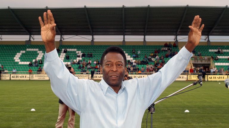 XANTHI GREECE MAY 12. Pele, Edson Arantes do Nascimento, the famous Brazilian football player, during his visit for the opening of the new arena of the Skoda Xanthi FC at Xanthi, May 12, 2005 (GDA via AP Images)