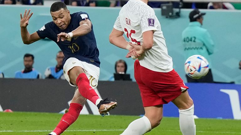 Kylian Mbappe fires home France's second goal against Poland